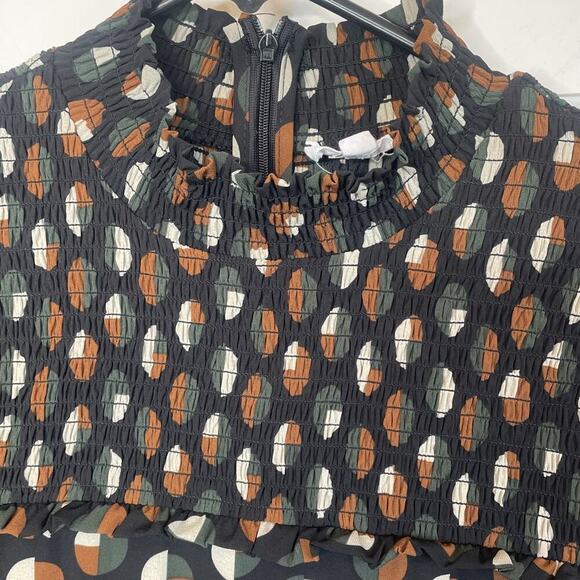 THML Women's Smocked Mini Dress Size S Black Short Sleeve Modern Geo Ruffle Boho - Picture 7 of 11